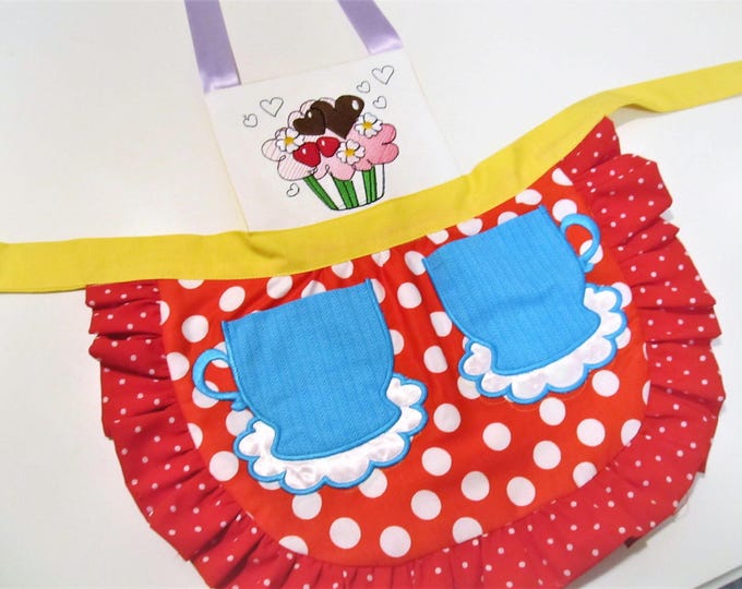 Real kitchen apron teaparty teacup pocket, usable pockets,  machine embroidery applique design In-the-Hoop project 4x4 5x7  INSTANT DOWNLOAD