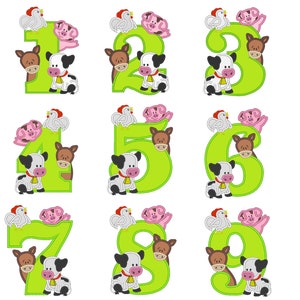 Boerderij verjaardagsnummers GEHELE set 1-9 met koe, varken, paard en haan - schattige machine borduurwerk appliqué ontwerpen boerderij thema 5 x 7 6 x 10