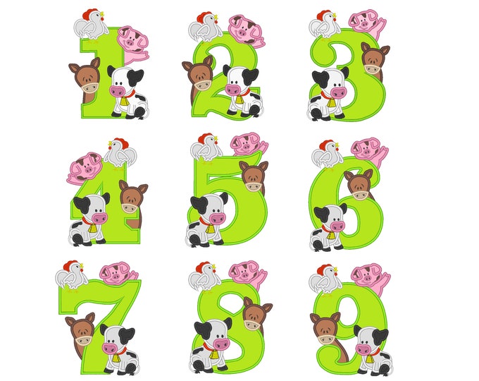 Farm birthday numbers WHOLE set 1 - 9  with cow, pig, horse and rooster - cute farm theme machine embroidery applique designs 5x7 6x10