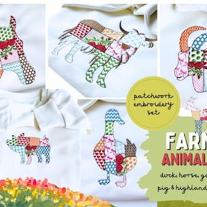 Set di 6 disegni di animali da fattoria patchwork, capra, mucca delle Highlands, cavallo, testa, maiale, anatra, disegni per ricamo a macchina, stile maglione pazzo