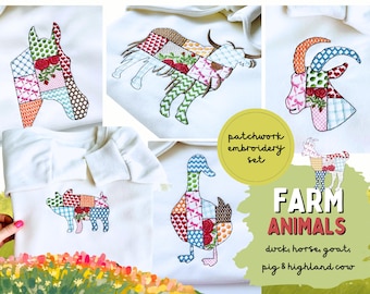 Patchwork Farm animals SET 6 designs Goat Highland Cow Horse face head Pig Duck machine embroidery designs Crazy sweater style