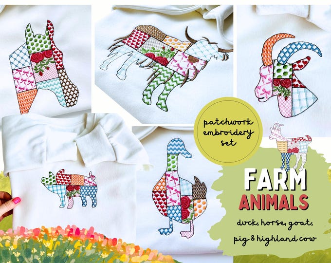 Patchwork Farm animals SET 6 designs Goat Highland Cow Horse face head Pig Duck machine embroidery designs Crazy sweater style