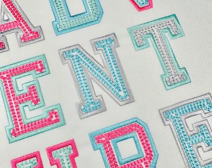 Chain stitch Font satin stitch outline Varsity Sport Athletic Collegiate Font monogram alphabet machine embroidery designs MINI sizes and BX
