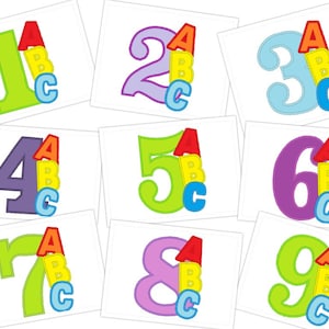 May include: Nine colorful cards with numbers 1 through 9. Each number has a stack of letters A, B, and C next to it. The letters are in different colors, and the numbers are in different colors.