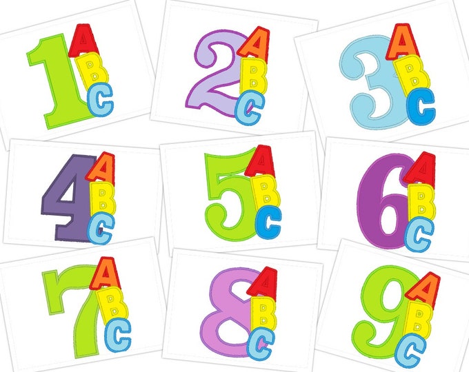 ABC  Birthday numbers, alphabet, school birthday numbers outfit ABC with numbers, SET 1-9 size 4x4, 5x7 applique machine embroidery design