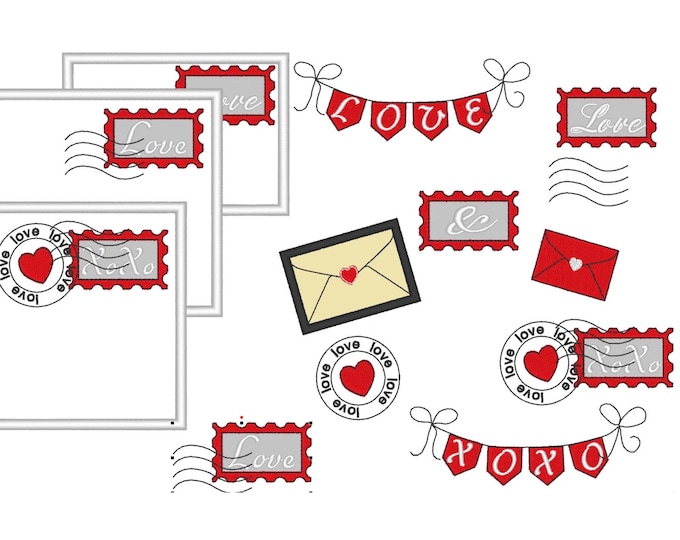 Compose a perfect Valentines Day Love message Big SET Mail Envelope Stamp Banner Love machine embroidery designs in multiple sizes