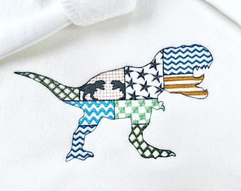 Patchwork T-Rex dinosaur Trex Tyrannosaurus animal silhouette patterned outline kids boys machine embroidery designs sizes 4 up to 8 inches