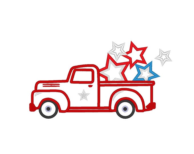 Vintage station wagon Red Truck with stars in the back floating star boys Applique machine embroidery designs 4th of July Independence Day