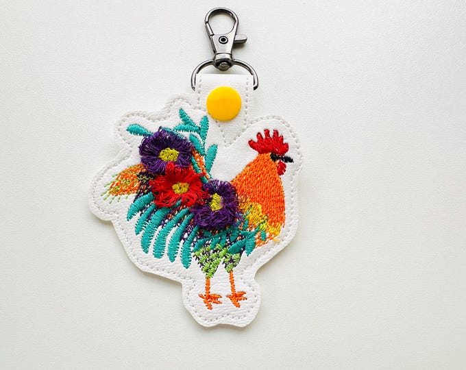 Floral Rooster Eyelet and Key Fob Snap Tab fringed fluffy keychain in the hoop ITH machine embroidery designs flowered farm bird chicken