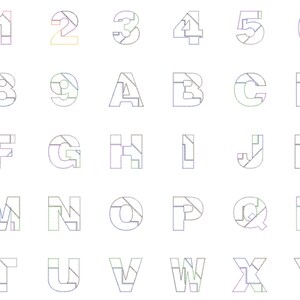 May include: A black and white image of the alphabet and numbers 0-9, each letter and number is made up of a series of lines that form a unique design.