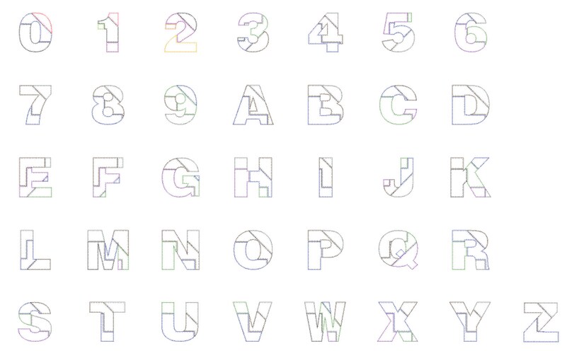 May include: A black and white image of the alphabet and numbers 0-9, each letter and number is made up of a series of lines that form a unique design.