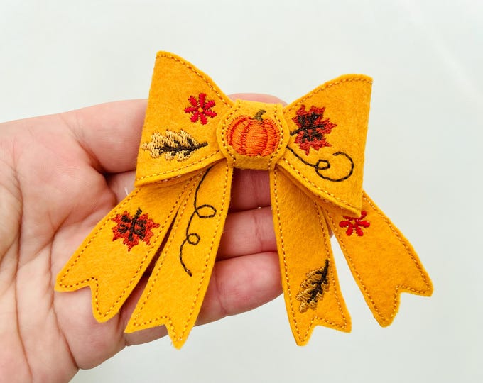 Awesome Fall Pumpkin Bow 3D dimensional machine embroidery designs felt feltie design simply in the hoop ITH project Thanksgiving kids girls