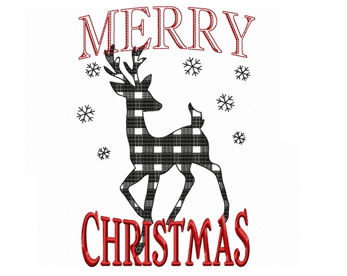 Merry Christmas gingham old fashioned classic banner decoration with plaid deer machine embroidery designs 4x4, 5x7, 8x8, 8x12