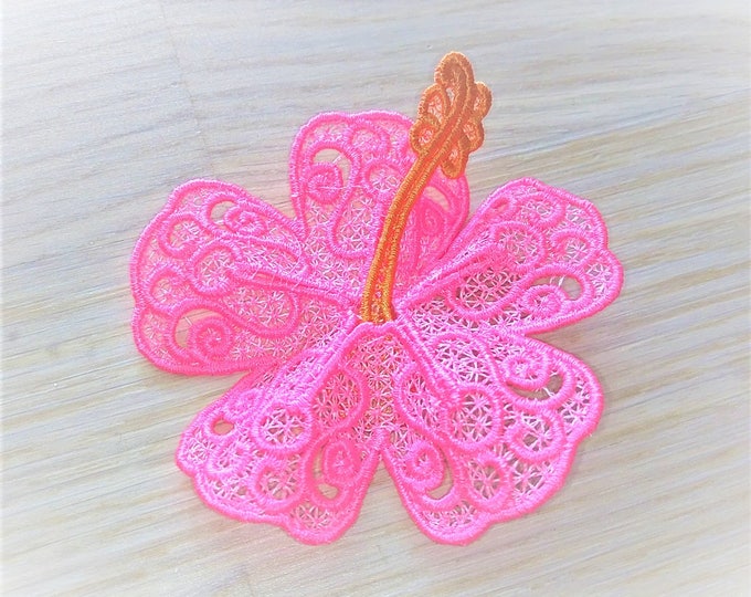 Hibiscus Hawaii summer flower 3D  three-dimensional, 3 dimensional, FSL, Free standing lace embroidery design in the hoop ITH embroidery