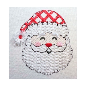 May include: Embroidered Santa Claus face with a red and white checkered hat and a white flower on the side. The face is white with a red nose, pink cheeks, and black eyes.