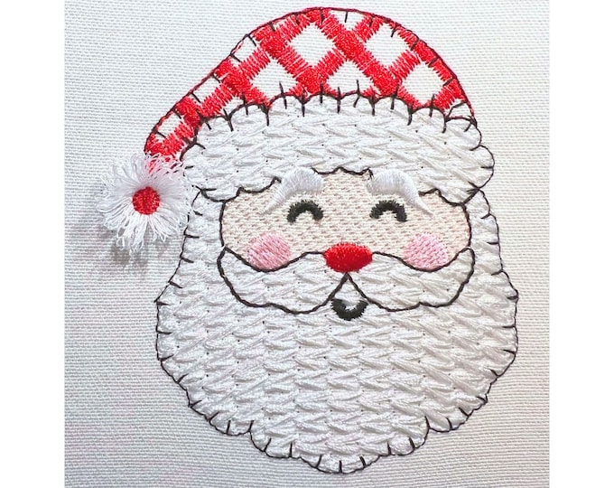 Smiling happy Santa Claus face Santa light stitch design knitted knit effect beard machine embroidery design Christmas Santa gingham hat