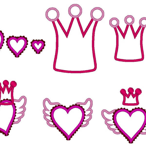 Girl Rock set of 5 single machine applique and filled designs, multiple sizes, valentine heart crown tiara diadem wings INSTANT DOWNLOAD