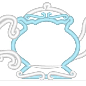 May include: A light blue teapot with a white outline. The teapot has a rounded body and a curved spout. The handle is a white swirl design.