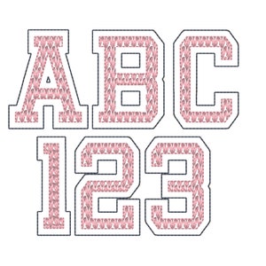 May include: A set of pink and white felt letters and numbers in a varsity style font. The letters are A, B, and C. The numbers are 1, 2, and 3.