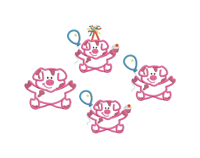 Farm Birthday Cute Pig SET of 4 types Piggy with birthday Hat Cake Balloon and blanc Applique machine embroidery designs for hoop 4x4  5x7