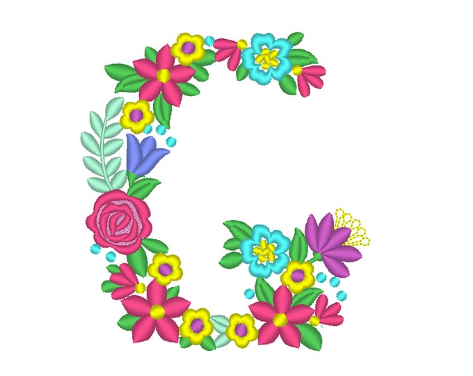 Floral letter G garden flag monogram liberty fashioned flowers flower Font machine embroidery designs monogram G only 4, 5, 6 and 8 in