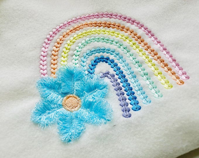 Extra bold chain Rainbow with Fluffy fringed Flower Daisy floral fringe fur machine embroidery designs baby kids outfit sizes 4 up to 6 inch