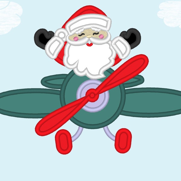 Santa on Christmas Airplane applique machine embroidery designs Santa Claus applique boy kids outfit flying Santa Xmas plane vehicle flight