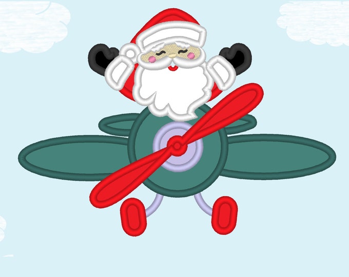 Santa on Christmas Airplane applique machine embroidery designs Santa Claus applique boy kids outfit flying Santa Xmas plane vehicle flight