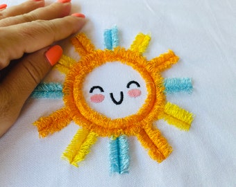Cute little Sun Sunshine fringed sun rays machine embroidery design chenille fluffy Sun smiling baby kids summer fringe ITH in the hoop