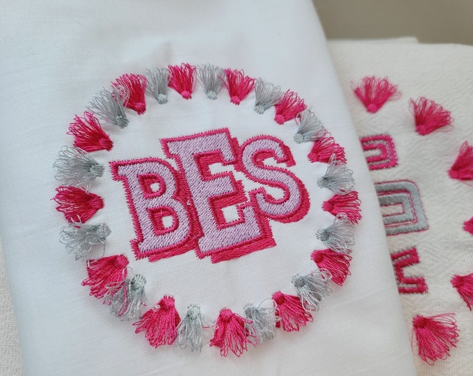 Summer monogram SET fringed tassel circle monogram frame and alphabet BX incl shadow solid font 2 colors outline machine embroidery designs