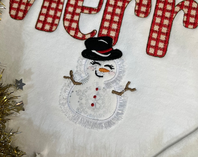 Fringed Snowman applique machine embroidery design Christmas theme fringe in the hoop ITH project Cute fluffy Snowman appliqué 4, 5, 6inches