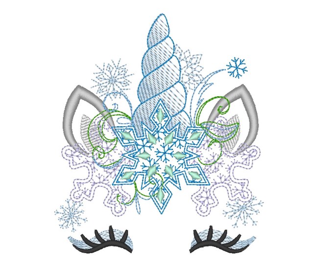 Light stitch Frozen Christmas Unicorn head with snowflake crown machine embroidery designs unicorn face assorted sizes for hoop 4x4 5x7 6x10