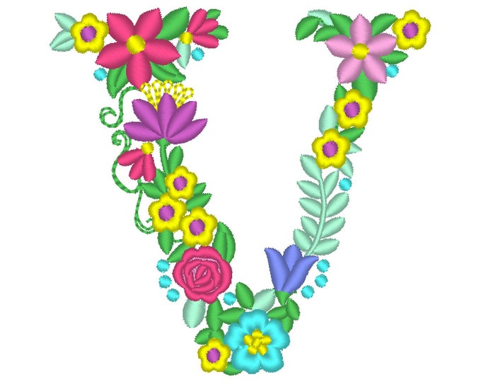 Floral letter V garden flag monogram liberty fashioned flowers flower Font machine embroidery designs monogram V only 4, 5, 6 and 8 in