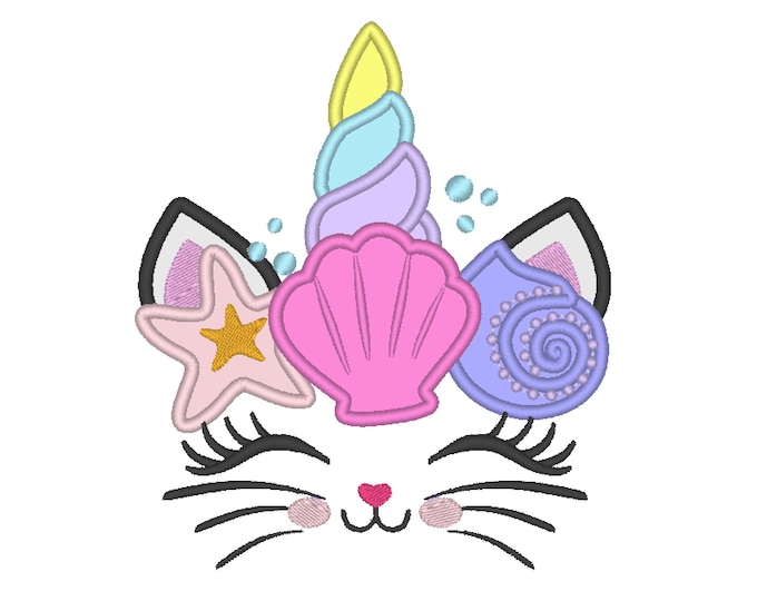 Mermaid Sea Unicorn Kitty head with shell and star crown Applique machine embroidery designs Summertime cat face nautical seaside Caticorn