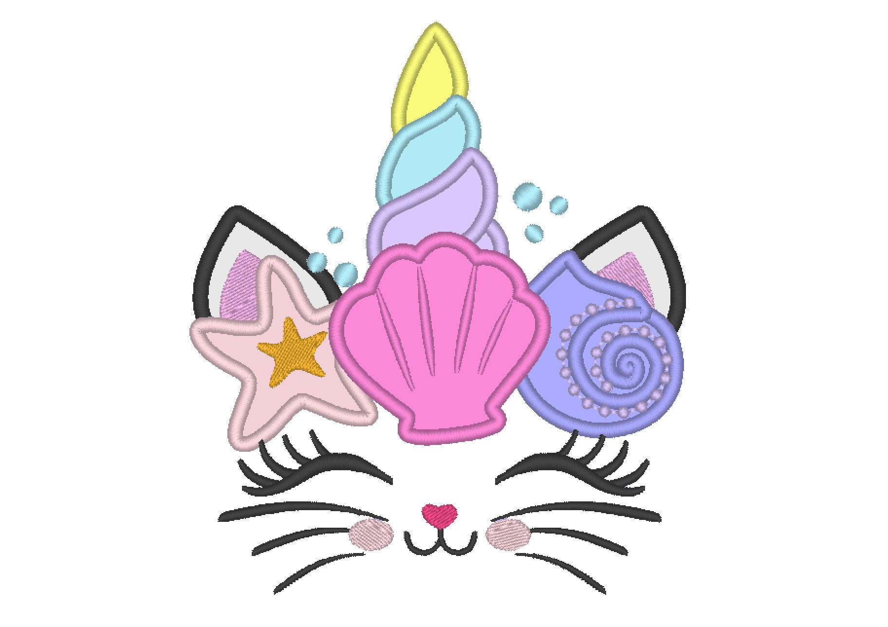 Mermaid Sea Unicorn Kitty head with shell and star crown applique machine embroidery designs