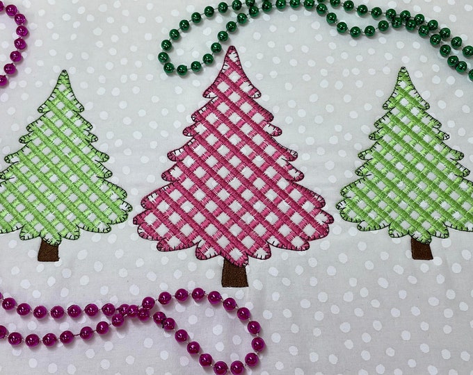 Baby gingham Christmas trees in a row machine embroidery designs checkered triple trees Woodlands Tree Trio many sizes from 4 up to 12 inch