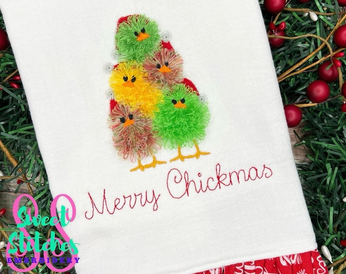 Cute little Chicks with Santa hat Christmas machine embroidery designs Fringed Fluffy Chick chenille farm bird chicken baby kids flock