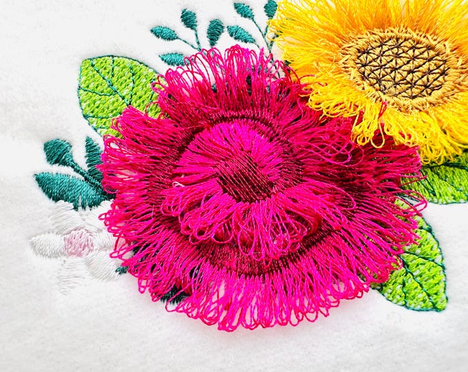 Fringed Sunflower and Rose Peony Bouquet fluffy fringe Flower girls machine embroidery designs fuzzy chenille design sizes 3.5 up to 5 inch