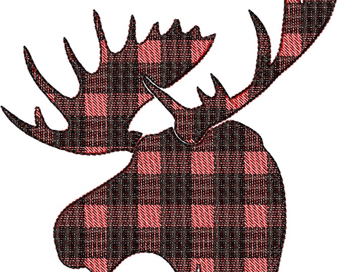 Light stitch outline Plaid Moose head Silhouette gingham tartan Machine embroidery applique designs - 2. 3, 4, 5, 6, 7, 8 inches