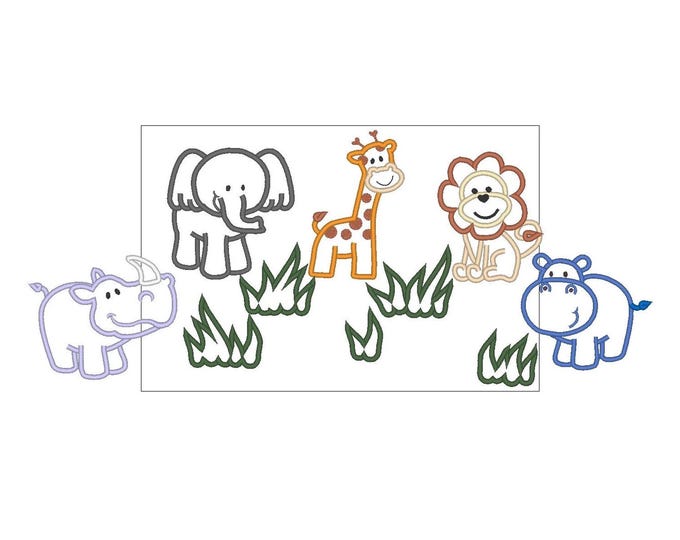 Wild animal Big SET Elephant Giraffe Rhino Behemoth Lion and Grass Applique machine embroidery designs sizes for hoop 4x4, 5x7, and 6x10