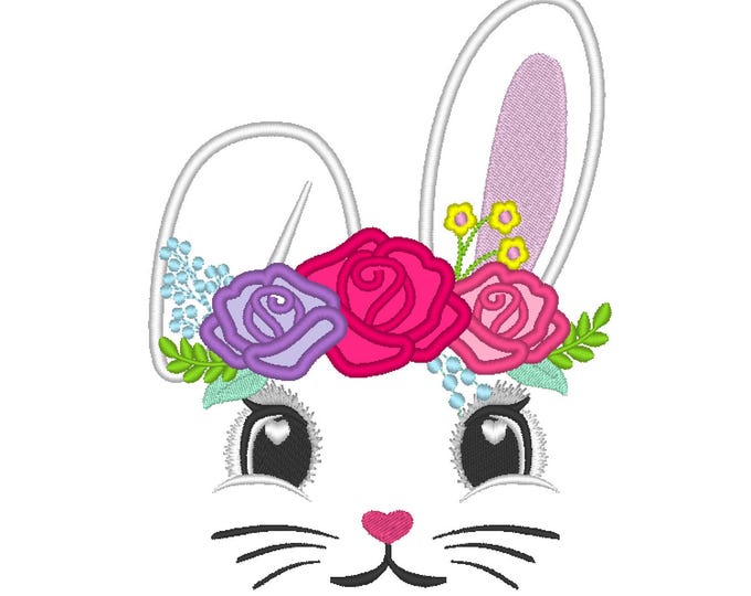 Easter Bunny 3 Rose floral Crown Applique Machine Embroidery Designs Easter Bunny Face kids girls baby design sizes 4 up to 8 inch