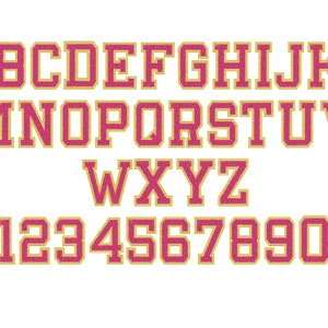 May include: A set of pink and gold glitter letters and numbers in a varsity style font. The letters are uppercase and the numbers are in a standard font.