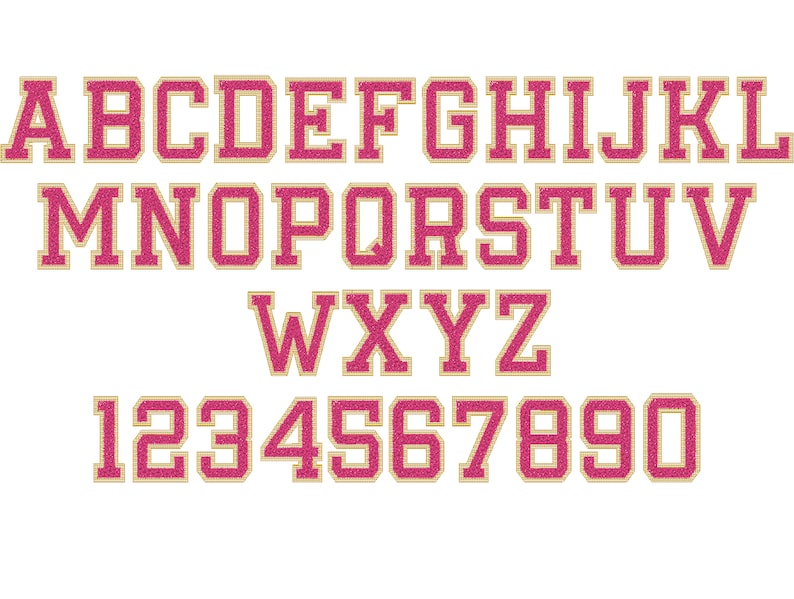 May include: A set of pink and gold glitter letters and numbers in a varsity style font. The letters are uppercase and the numbers are in a standard font.