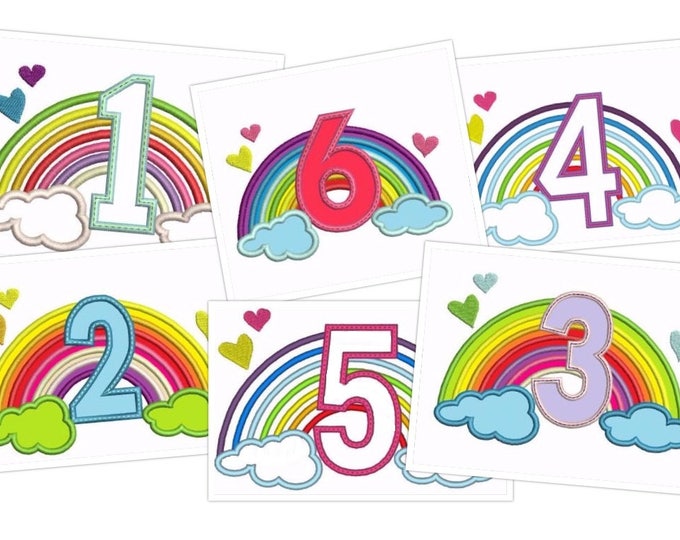 Cute Rainbow Birthday Numbers machine embroidery applique designs, size 5, 6and 7 inches INSTANT DOWNLOAD