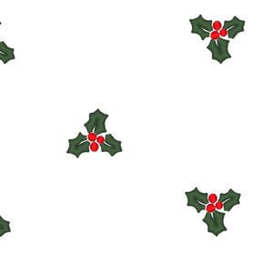 Può includere: Un motivo ripetuto di rami di agrifoglio stilizzati con foglie verdi e bacche rosse su sfondo bianco. I rami di agrifoglio sono distanziati in modo uniforme, creando un design festivo e stagionale.