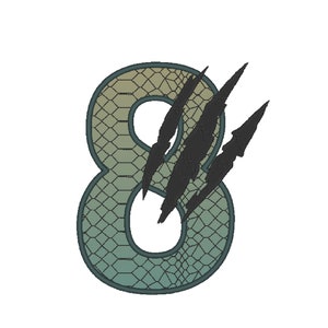 May include: A green and yellow number eight with a snake skin pattern. Three black claw marks are on the right side of the number.