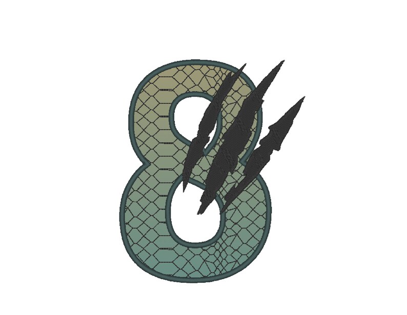 May include: A green and yellow number eight with a snake skin pattern. Three black claw marks are on the right side of the number.