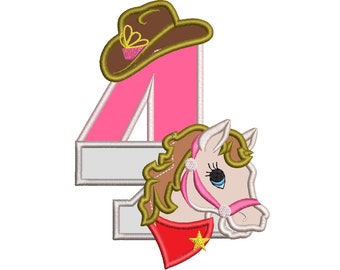 Cowgirl birthday number 4 FOUR, only number 4 Farm Girl horse machine embroidery applique designs size 5, 6, 7 inches INSTANT DOWNLOAD