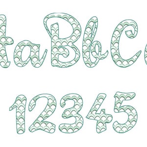 Satin Stitch Scallop Font 2 two colors script cursive alphabet machine embroidery designs in assorted sizes scalloped letters kids name font