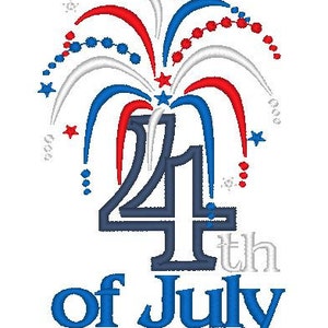 May include: A blue and white 4th of July design with a red, white, and blue firework graphic. The text "4th of July" is in blue.